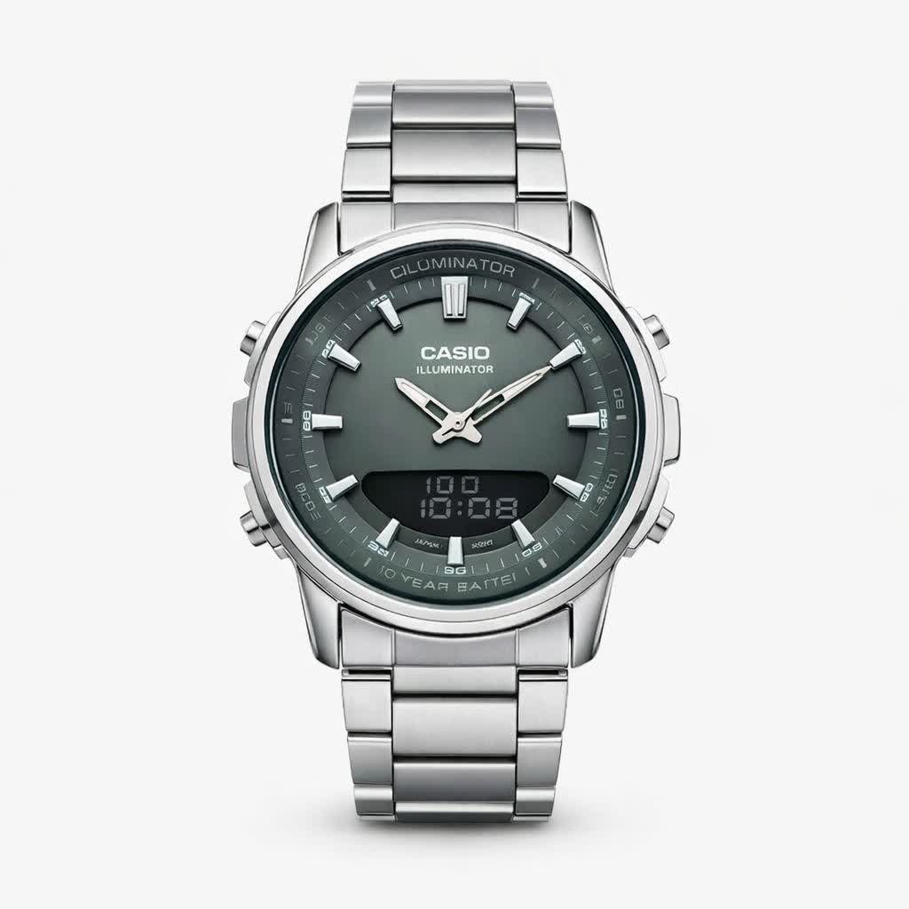 ساعت مچی عقربه ای و ديجيتال کاسيو CASIO صفحه سبز + جعبه