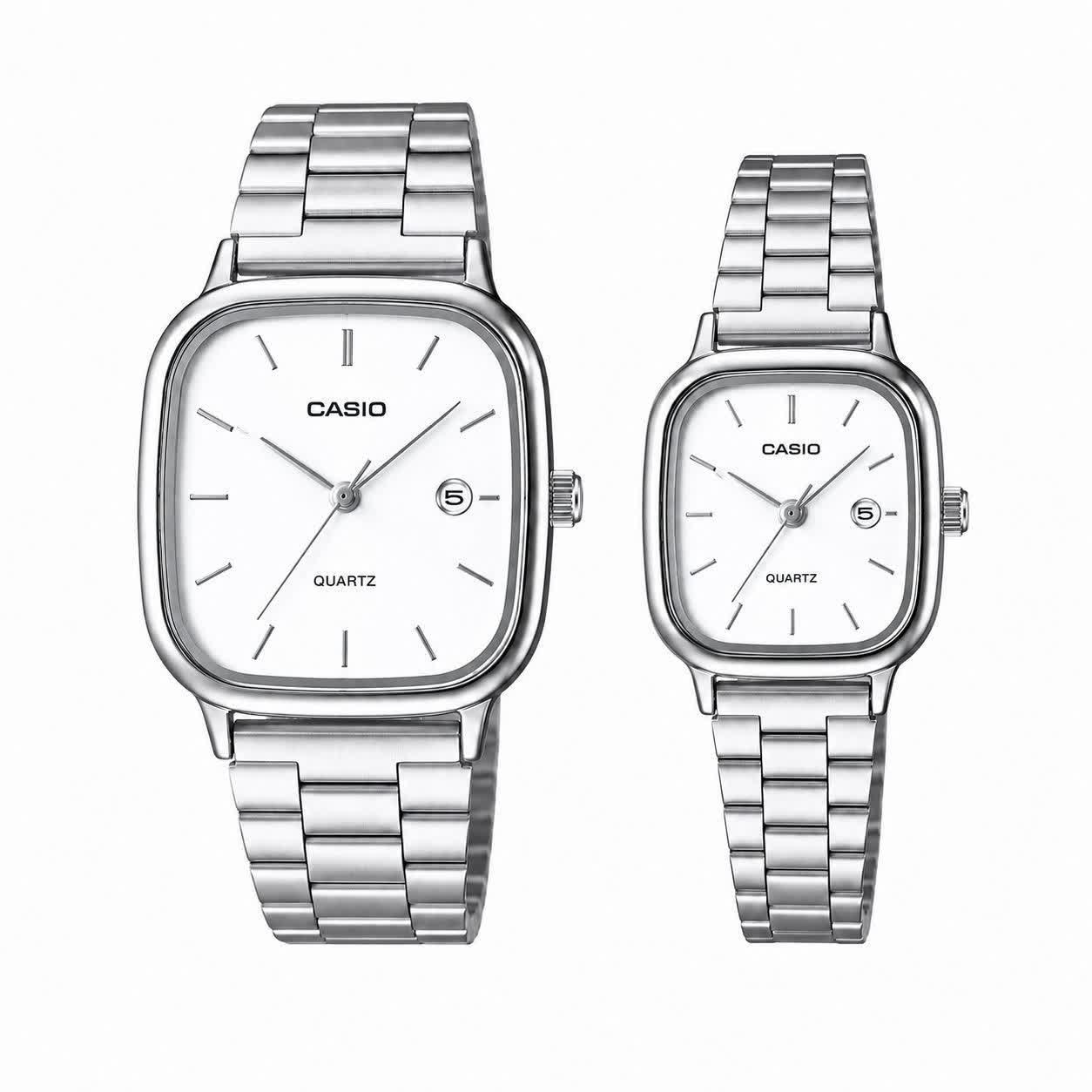ست ساعت مچی مردانه و زنانه کاسيو اولدمانی CASIO موتور ژاپن صفحه تمام نقره ای