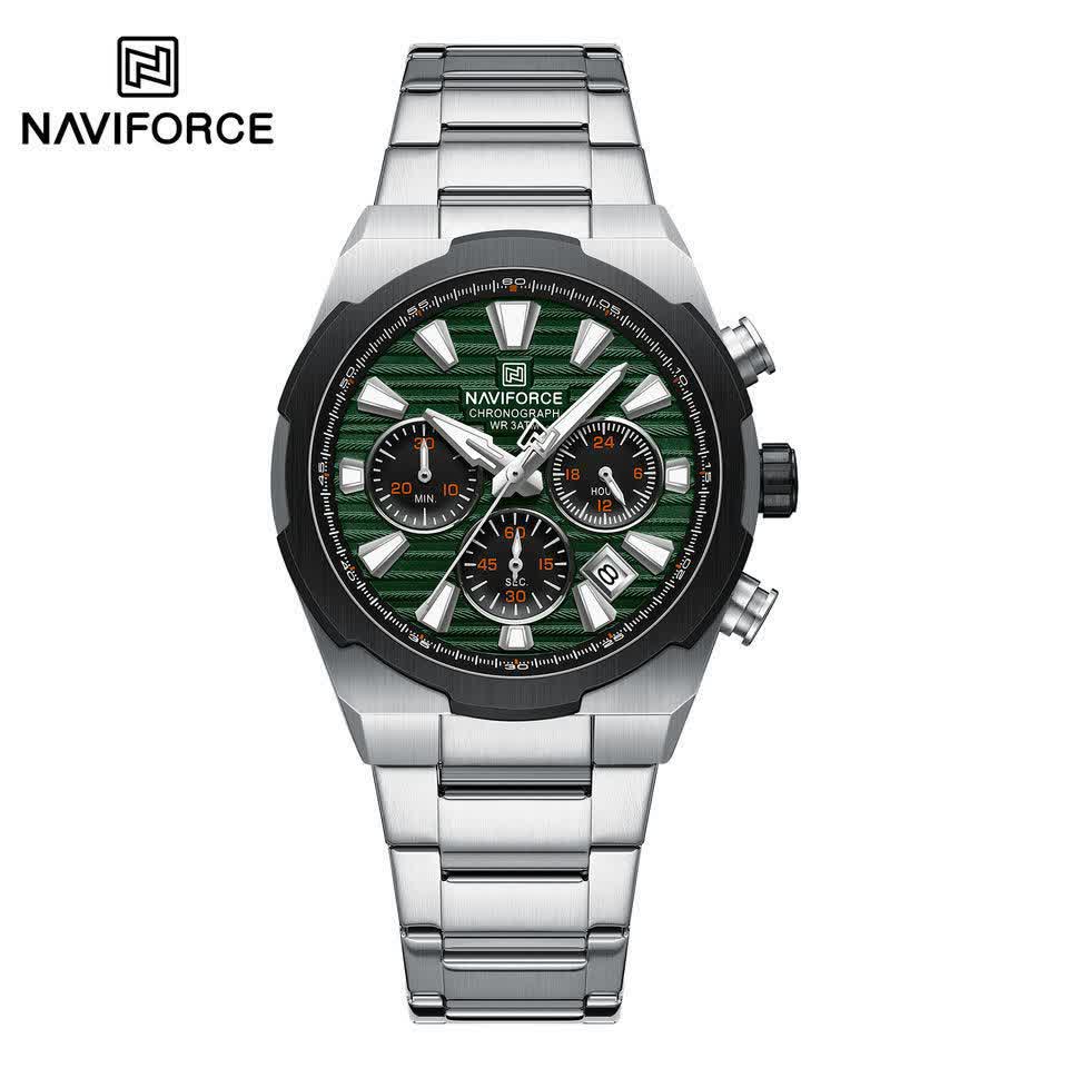 ساعت مچی نیوی فورس مردانه کرنوگراف NAVIFORCE مدل NF8081 نقره ای سبز + فول