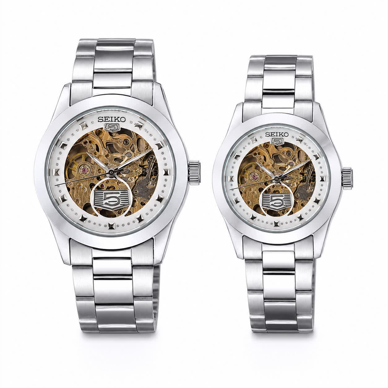 ست ساعت مچی اتوماتیک زنانه و مردانه سیکو پنج SEIKO 5 نقره ای