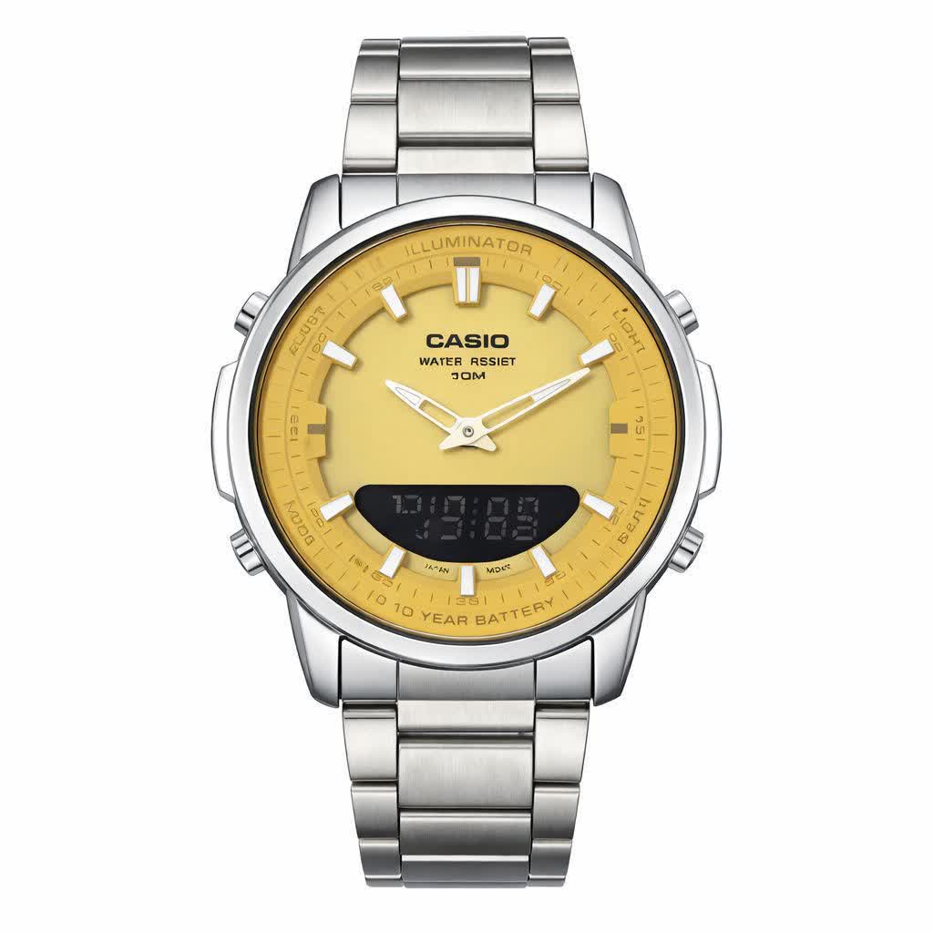 ساعت مچی عقربه ای و ديجيتال کاسيو CASIO صفحه زرد + جعبه