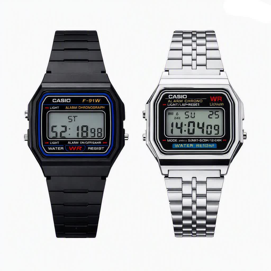 دو عدد ساعت مردانه کاسيو CASIO مدل WR مشکی رابر و نقره ای استيل موتور ژاپن