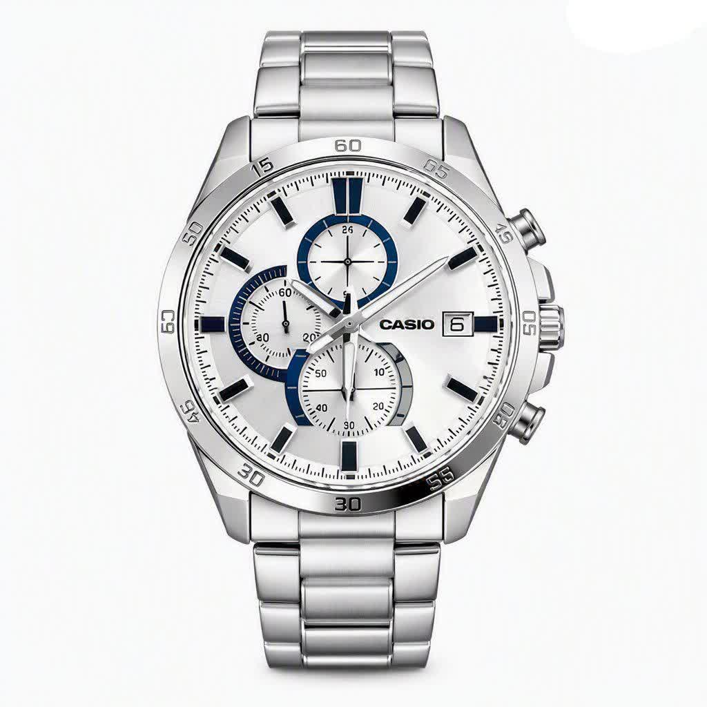 ساعت مچی مردانه کاسيو اديفايس سه زمانه CASIO EDIFICE نقره ای سفيد + جعبه