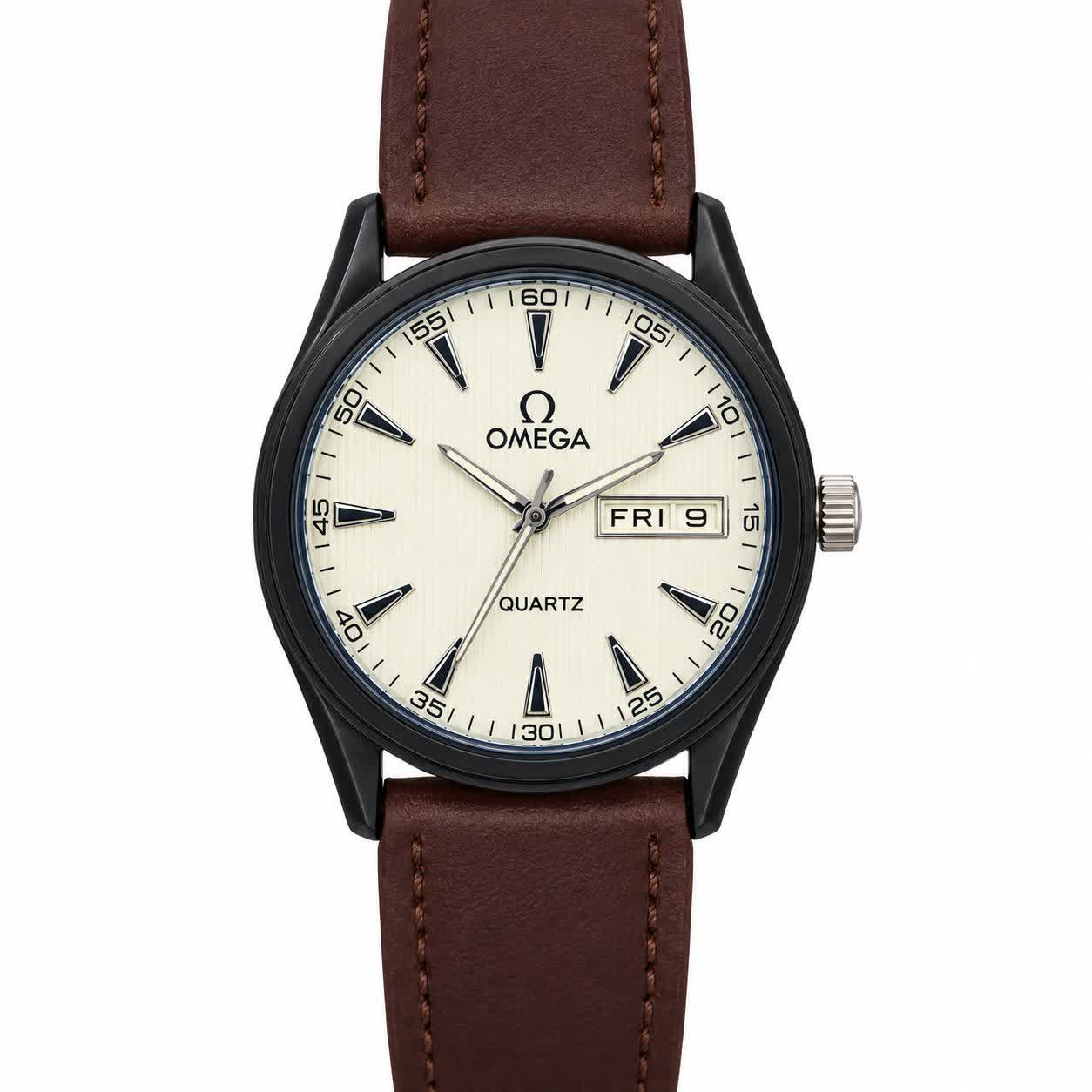 ساعت مچی مردانه امگا OMEGA چرم قهوه‌ای صفحه سفید