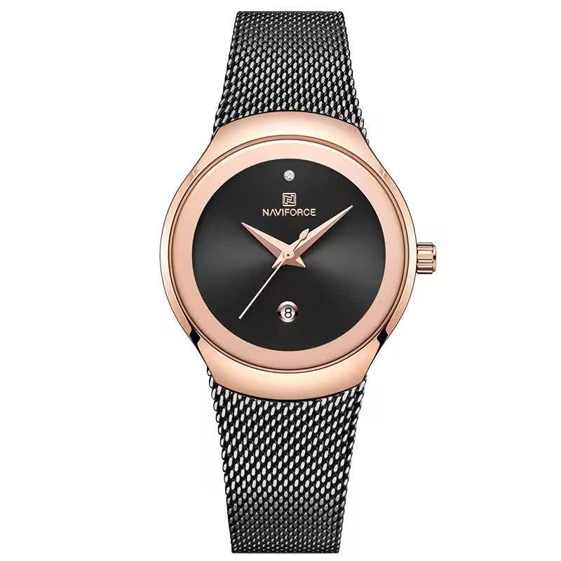 ساعت مچی نيوی فورس زنانه کرنوگراف NAVIFORCE مدل NF5004 موتور ژاپن مشکی حصيری