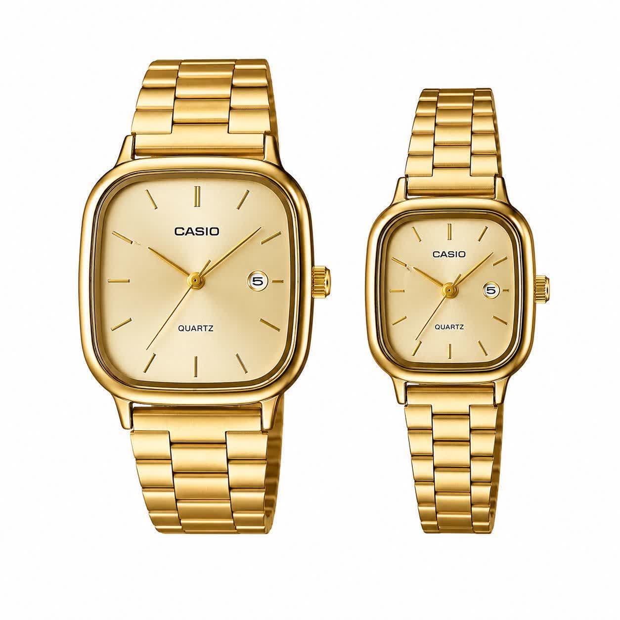 ست ساعت مچی مردانه و زنانه کاسيو اولدمانی CASIO موتور ژاپن صفحه تمام طلايی