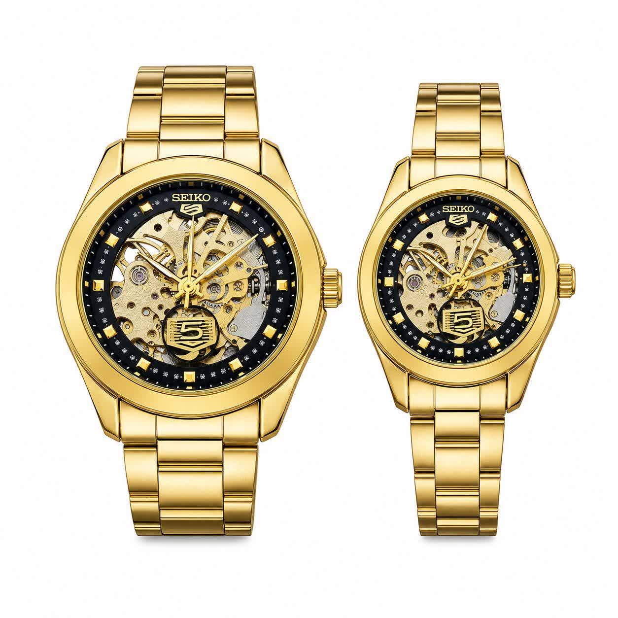 ست ساعت مچی اتوماتیک زنانه و مردانه سیکو پنج SEIKO 5 طلایی صفحه مشکی