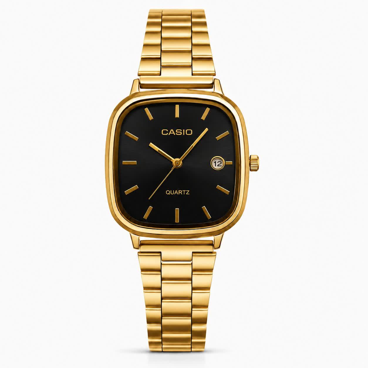 ساعت مچی مردانه  کاسيو اولدمانی CASIO موتور ژاپن صفحه طلايی مشکی