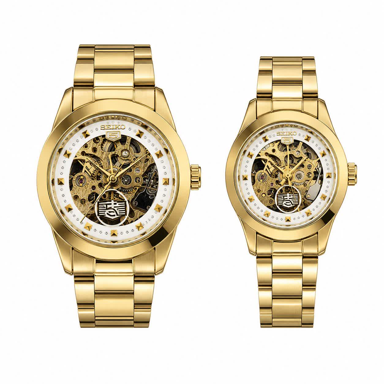ست ساعت مچی اتوماتیک زنانه و مردانه سیکو پنج SEIKO 5 طلایی صفحه سفید