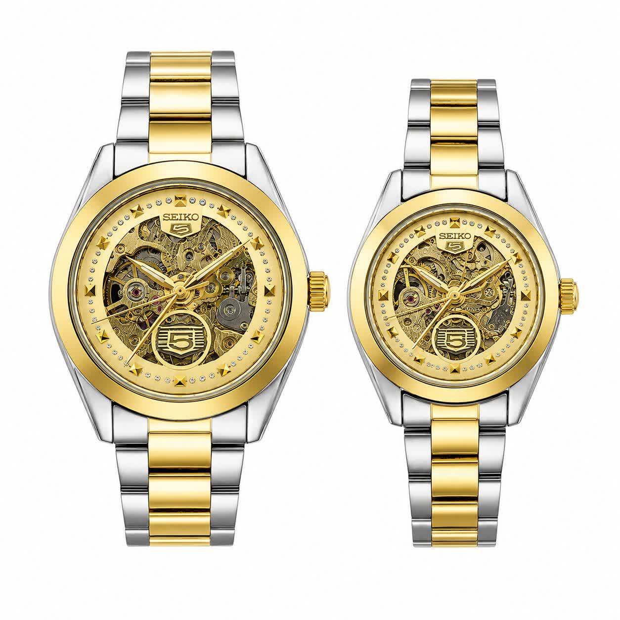 ست ساعت مچی اتوماتیک زنانه و مردانه سیکو پنج SEIKO 5 نقره ای رگه طلایی صفحه طلایی