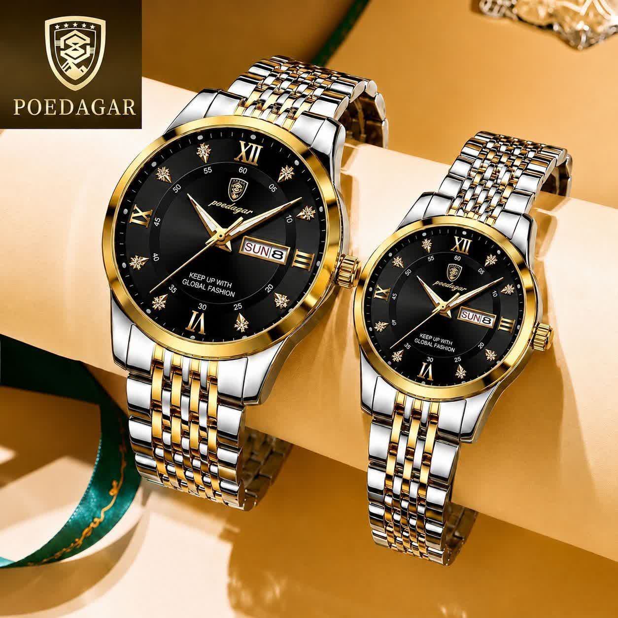 ست ساعت مچی پوداگار POEDAGAR اورجينال دو تقويمه صفحه مشکی مدل B2+ گارانتی