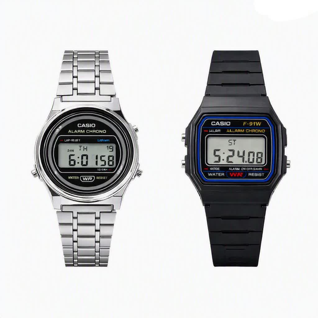 دو عدد ساعت مردانه کاسيو CASIO مدل WR مشکی رابر و نقره ای استيل گرد