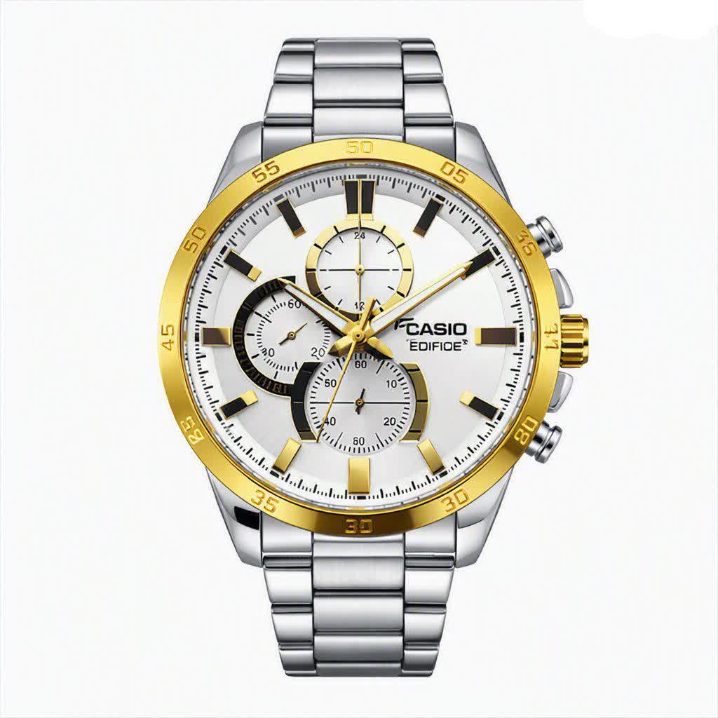 ساعت مچی مردانه کاسيو اديفايس سه زمانه CASIO EDIFICE نقره ای طلايی + جعبه